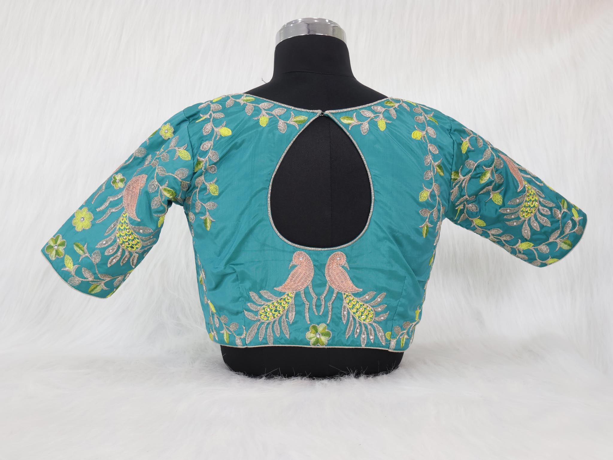 Royal Peacock Garden Embroidered Designer Blouse – Teal