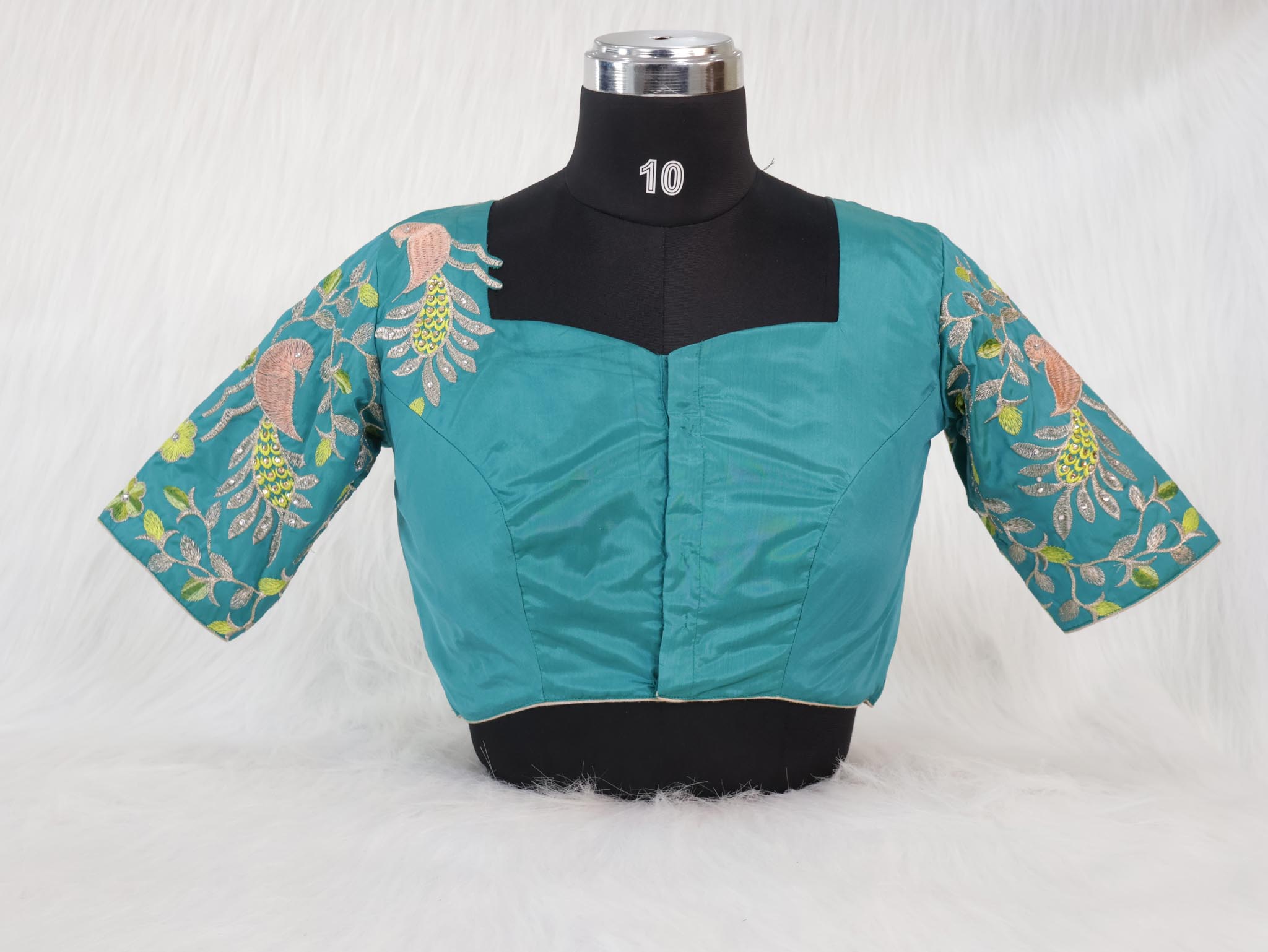 Royal Peacock Garden Embroidered Designer Blouse – Teal - Image 3