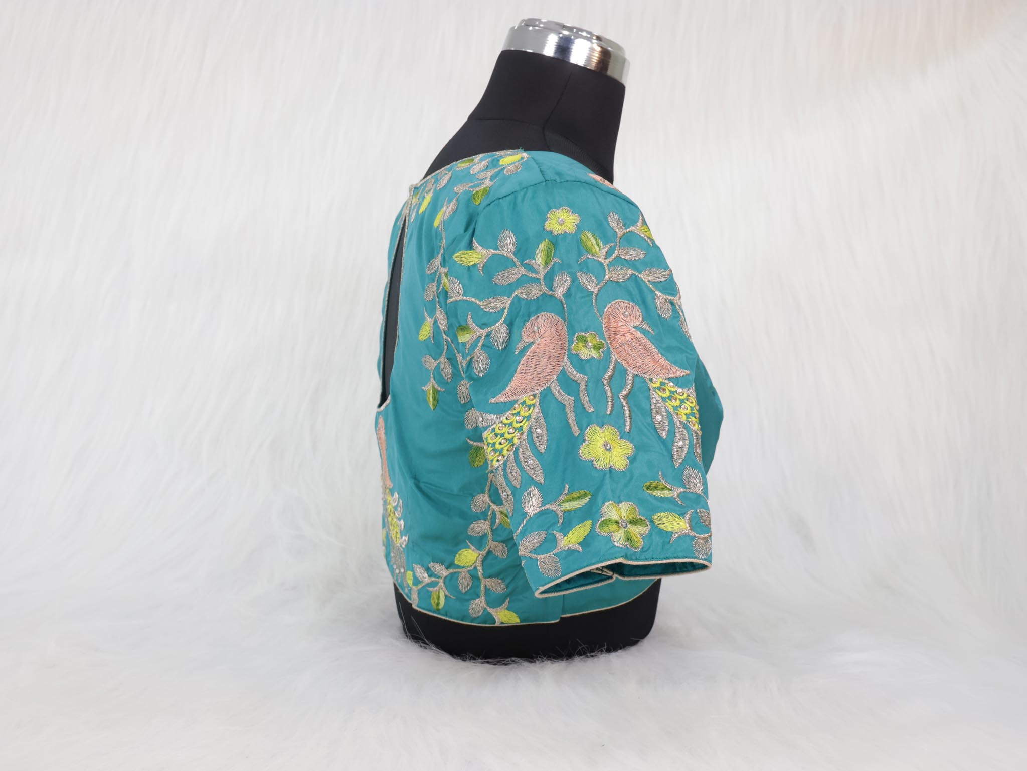 Royal Peacock Garden Embroidered Designer Blouse – Teal - Image 2