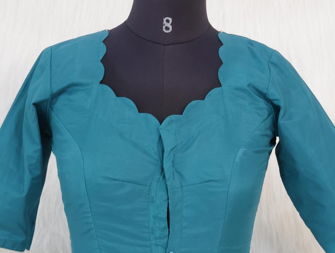 Teal Scallop Neck Classic Designer Blouse